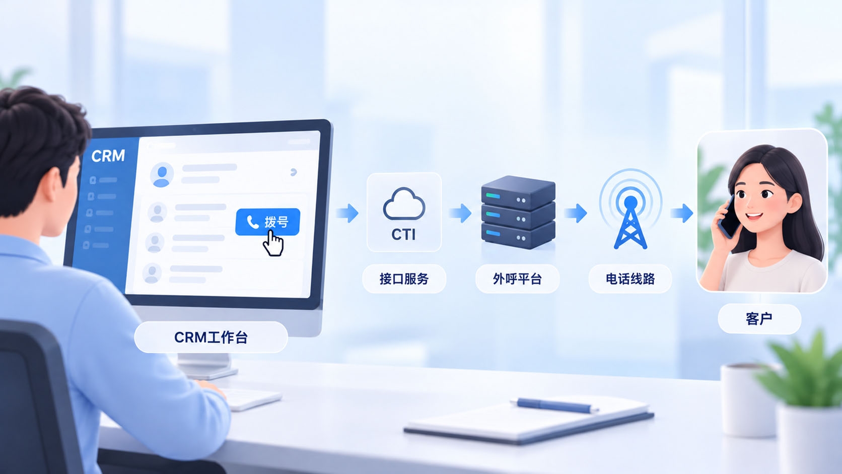 销售座席通过CRM提交点击拨号请求，经过CTI或业务接口由外呼平台连接电话线路与客户，并返回通话状态的流程图