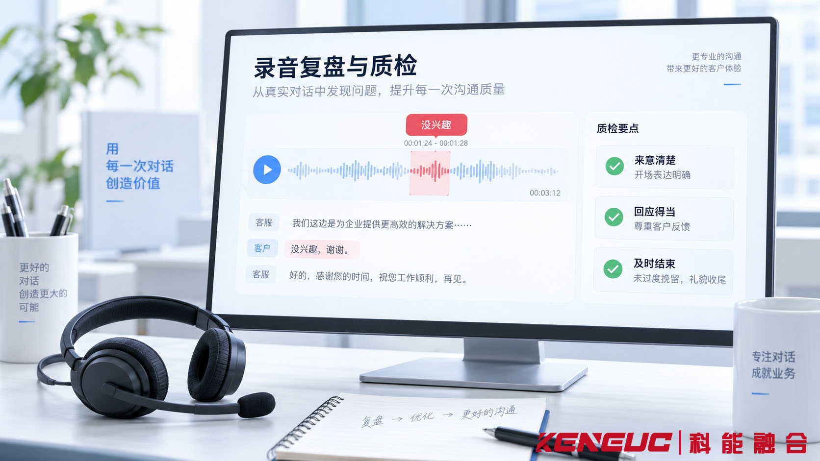 电话销售录音质检示意图，展示客户拒绝片段、座席回应、问题标注和主管培训复盘